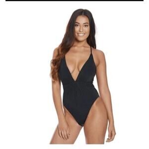 BCBG Maxazria Womens 10 One Piece Swimsuit Minimalist Plunge Black Sexy Cross